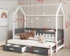 Detaillierte Maße für das Kinder-Hausbett mit zusätzlichem Schlafplatz und Stauraum.