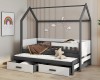 Anthrazitfarbenes Hausbett mit weißen Details, Ausziehbett und Bettkasten-Schubladen.