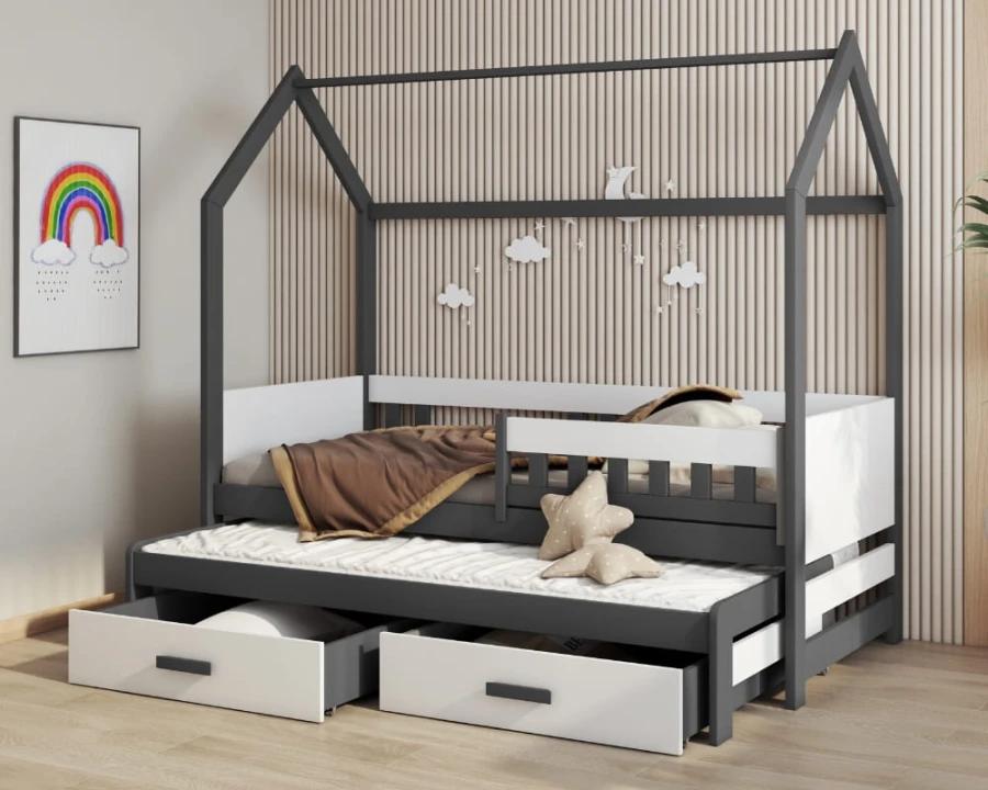 Anthrazitfarbenes Hausbett mit weißen Details, Ausziehbett und Bettkasten-Schubladen.