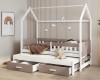 Hausbett in Weiß und Trüffel mit Ausziehbett und zwei Schubladen für Kinder.