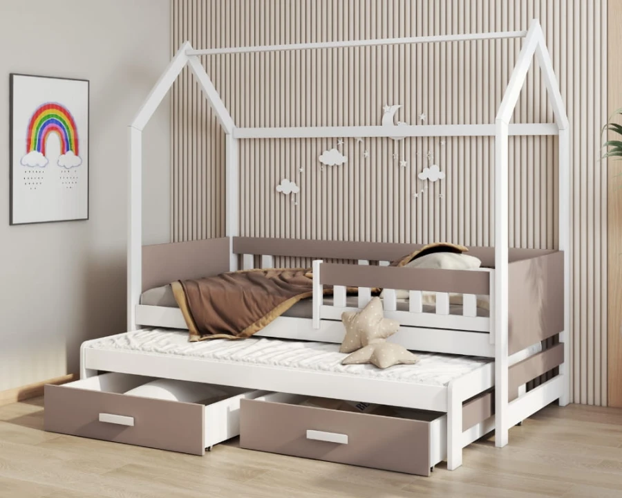 Hausbett in Weiß und Trüffel mit Ausziehbett und zwei Schubladen für Kinder.