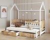 Weißes Kinder-Hausbett mit Eiche-Dekor, Gästebett-Funktion und Stauraum.