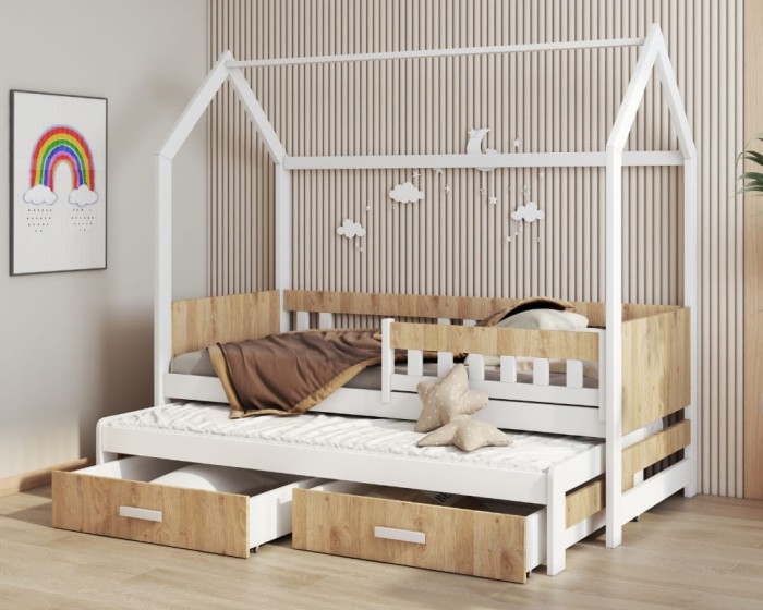 Wit kinderhuisbed met eikendecor, tweede slaapniveau en laden