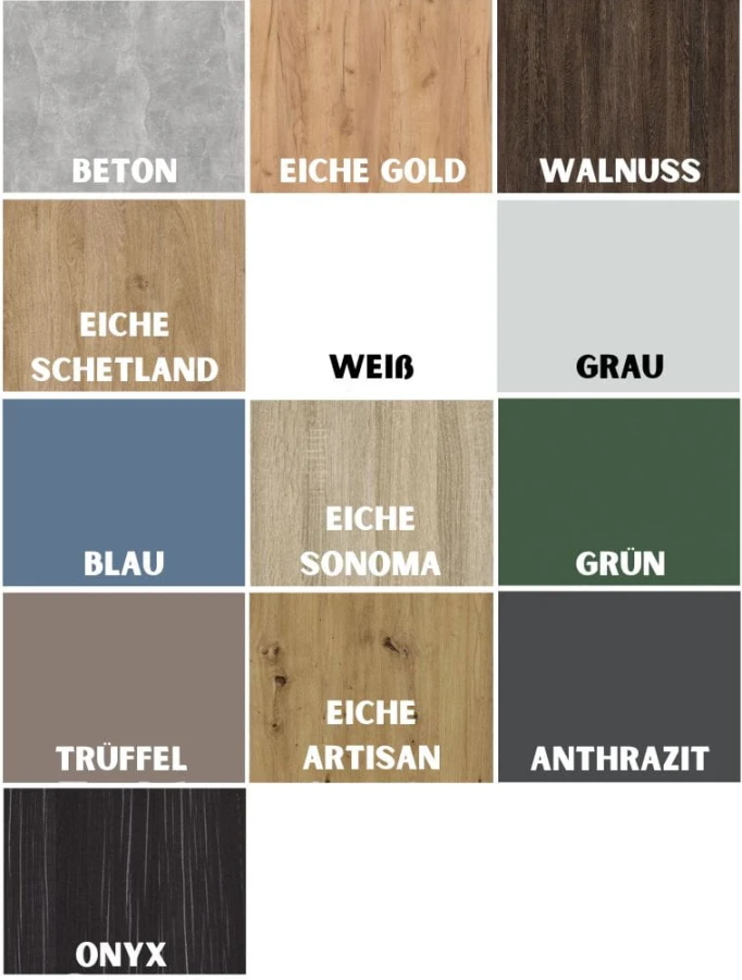 Übersicht der verfügbaren Holzfarben und Dekore wie Eiche, Beton und Anthrazit.