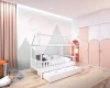 Modernes Kinderzimmer mit weißem Hausbett, Ausziehbett und rosa Bergmotiv-Wandgestaltung.