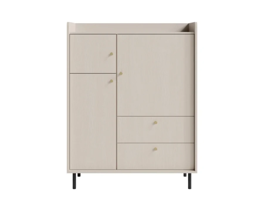 Modernes Highboard Georgia in hellem Holzdekor mit schwarzen Metallfüßen.