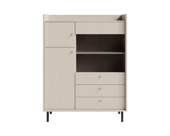 Beiges Highboard Georgia mit Schubladen, Türen und offenen Regalfächern.