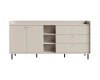 Beiges Sideboard Georgia mit Schubladen, Türen und offenen Fächern auf schwarzen Beinen.