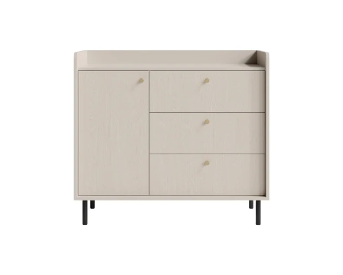 Modern dressoir in lichtbeige met drie laden, één deur en zwarte metalen pootjes.