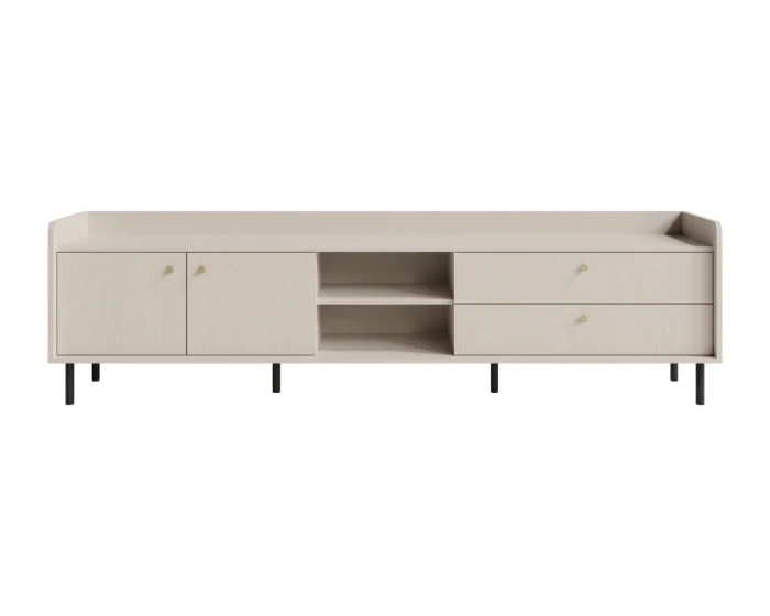 Breed TV-meubel in zandbeige met gouden handgrepen en zwarte poten, model G-07.