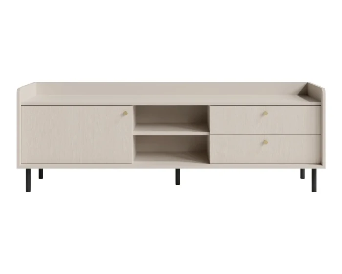 Modern lowboard in beige with wood look and black metal feet.