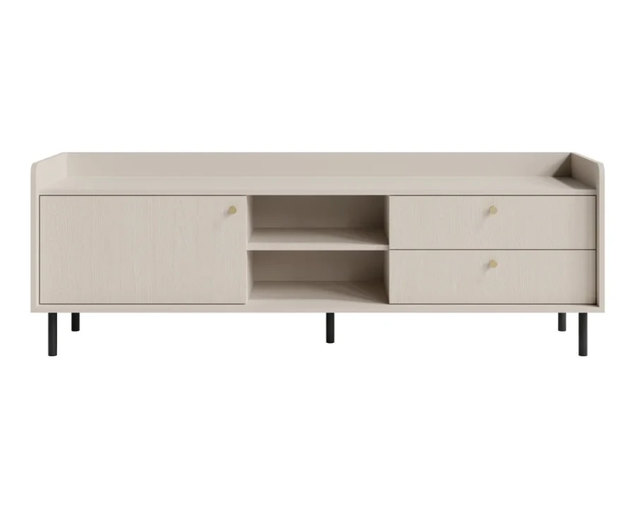 Modernes beiges TV-Lowboard mit Schubladen, offenen Fächern und schwarzen Metallfüßen.