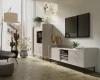 Helles Wohnzimmer mit modernen beigen Möbeln im skandinavischen Stil und TV-Wand.