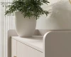Detailansicht der abgerundeten Kante eines hellen Sideboards mit Pflanzentopf.