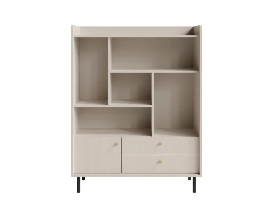 Offenes Regal Georgia in heller Holzoptik mit Schubladen und filigranen schwarzen Standfüßen.