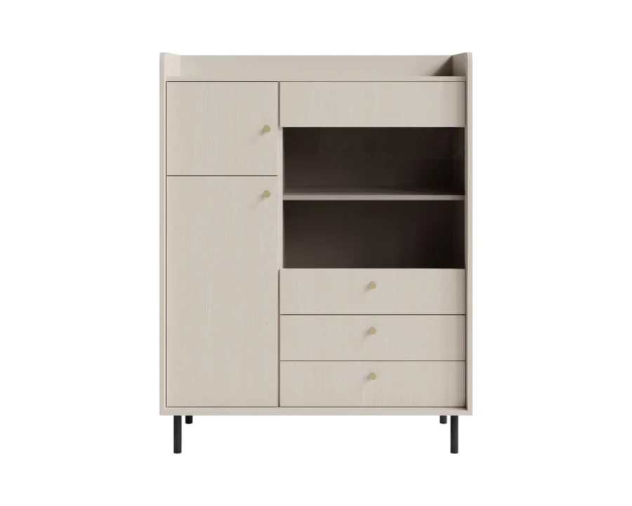 Minimalistisches Highboard in Beige mit Türen und drei Schubladen.