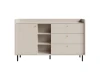 Sideboard Georgia in hellem Beige mit drei Schubladen, einer Tür und offenen Fächern.
