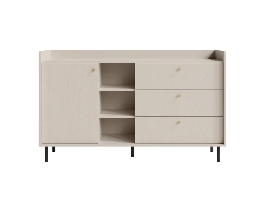 Sideboard Georgia in hellem Beige mit drei Schubladen, einer Tür und offenen Fächern.
