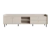 Breites TV-Lowboard in Beige und heller Holzoptik mit Türen und offenen Fächern.