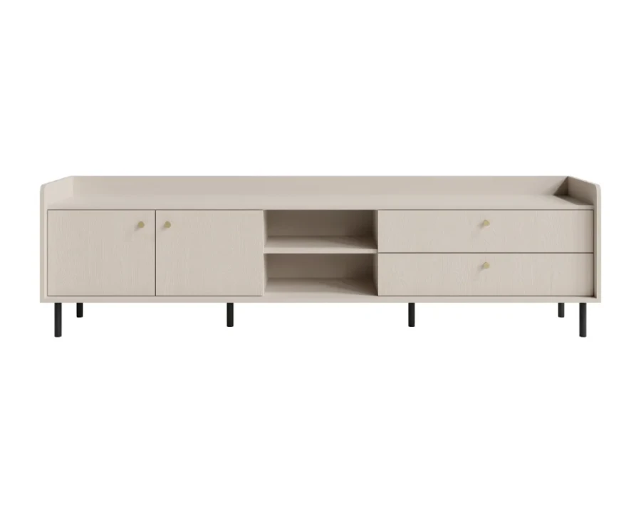 Breites TV-Lowboard in Beige und heller Holzoptik mit Türen und offenen Fächern.