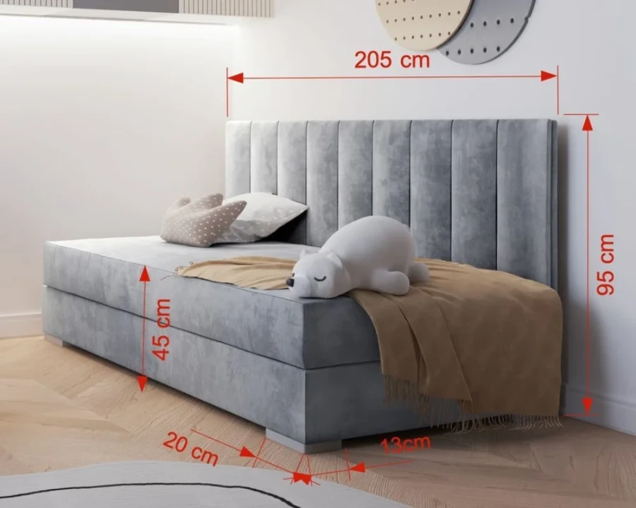 Graues Kinder-Polsterbett mit Maßen: 205 cm Länge, 95 cm Höhe. Inklusive gemütlichem gepolstertem Kopfteil.