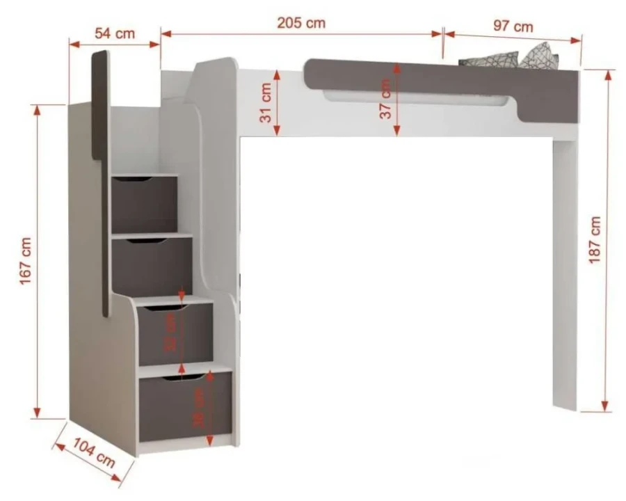 Maße für weiß-graues Hochbett mit Treppenstufen und Stauraum. Breite 205 cm, Höhe 187 cm.