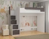 Weißes Hochbett für Kinder mit grauen Schubladen-Treppen vor Dschungel-Motivtapete.