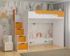 Kinder-Hochbett Kombination in Weiß-Orange mit Treppenstufen als Schubladensystem.