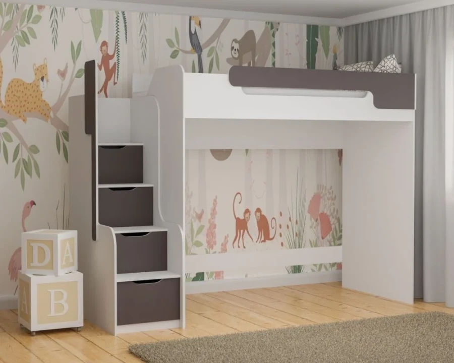 Grau-weißes Hochbett für Kinder mit praktischen Treppenschubladen und Geländer.