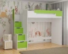 Grün-weißes Hochbett mit Treppe für Kinder, platzsparend mit integriertem Stauraum.
