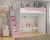 Weißes Kinder-Hochbett mit rosa Treppenschubladen und Rausfallschutz vor Dschungeltapete.