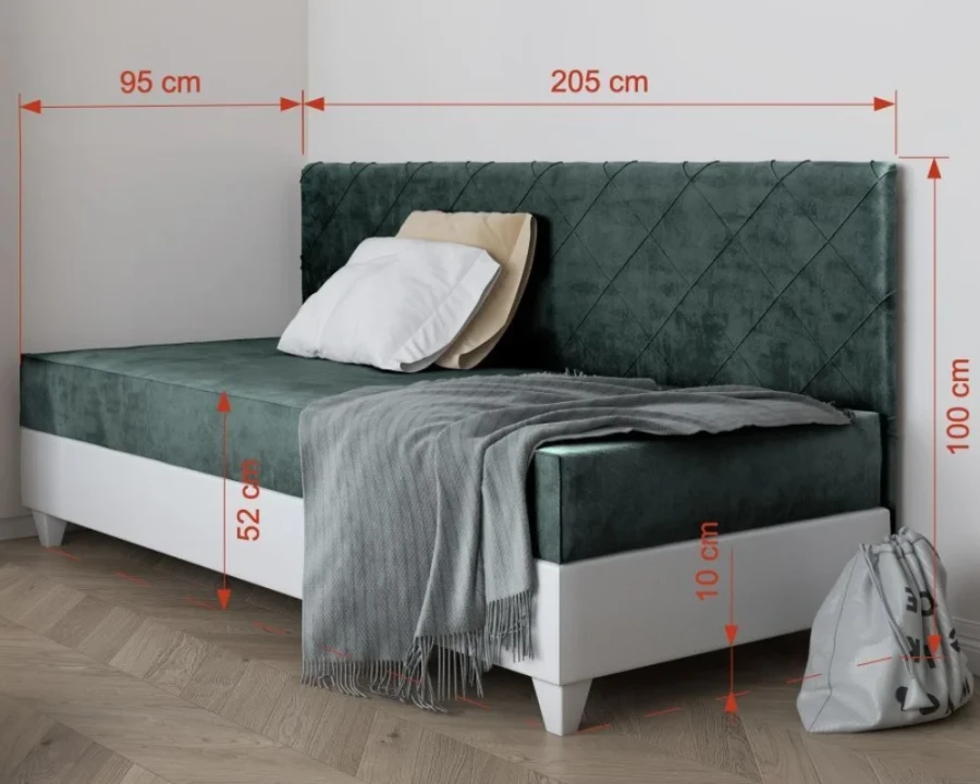 Dark green upholstered bed with dimensions: 205 cm width and 100 cm height for a custom-fit interior.