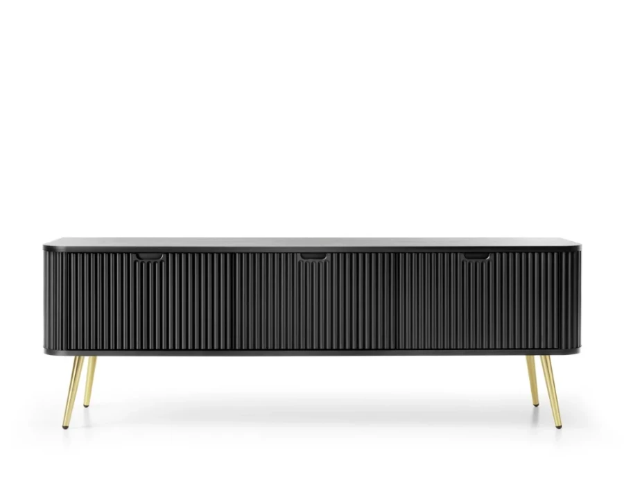 Schwarzes Design-Sideboard mit strukturierter Front und edlen goldenen Beinen.