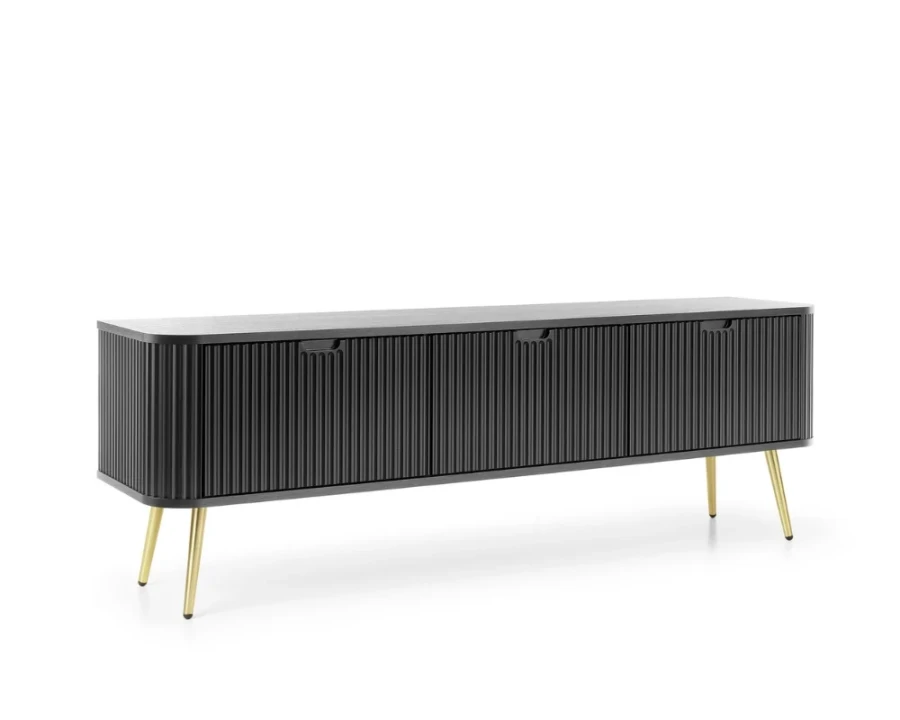 Elegantes schwarzes Sideboard mit geriffelter Front und goldenen Metallbeinen.