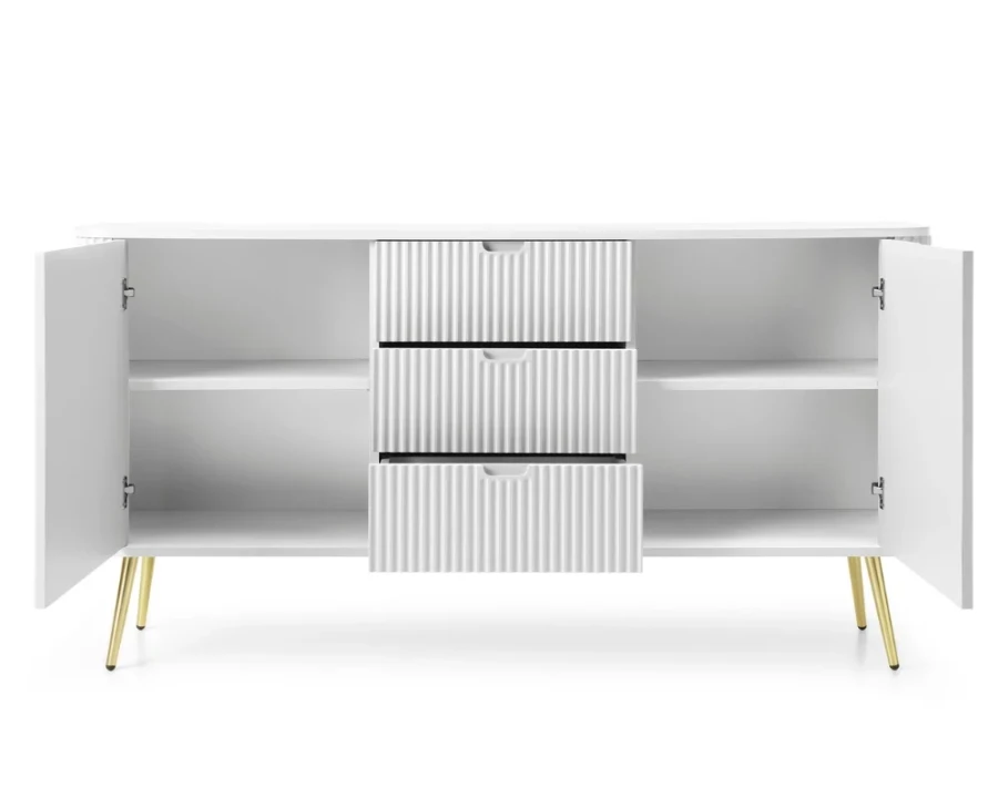 Offenes weißes Sideboard mit viel Stauraum, Einlegeböden und ausgezogenen Schubladen.