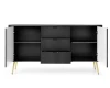 Offenes schwarzes Sideboard mit Lamellenstruktur, Einlegeböden und goldenen Metallbeinen.