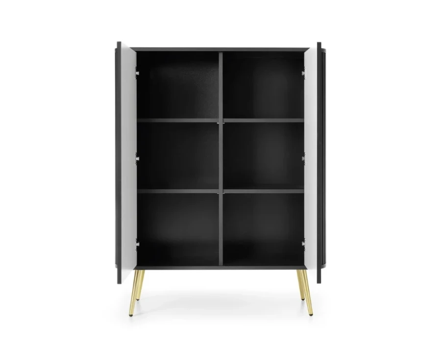 Schwarzer Schrank mit sechs Innenfächern, weißen Innentüren und goldenen Beinen.