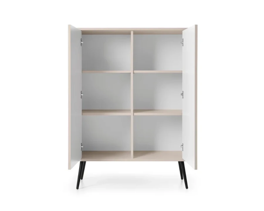 Geöffneter Schrank in Beige mit weißem Korpus und stabilen schwarzen Metallbeinen.