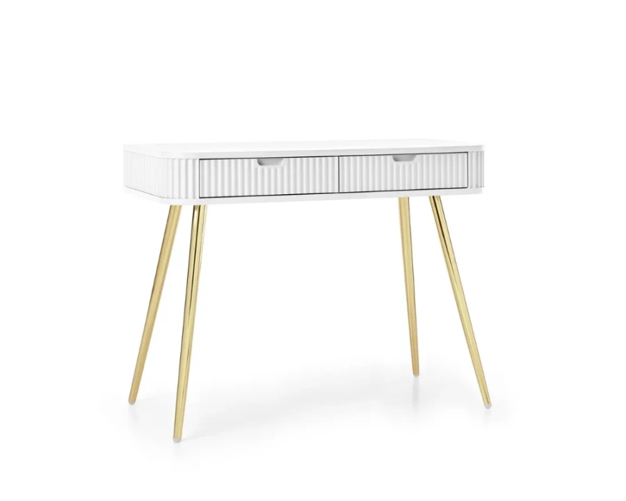 Schräger Blick auf einen weißen Konsolentisch mit Rillenfront und eleganten Goldfüßen.