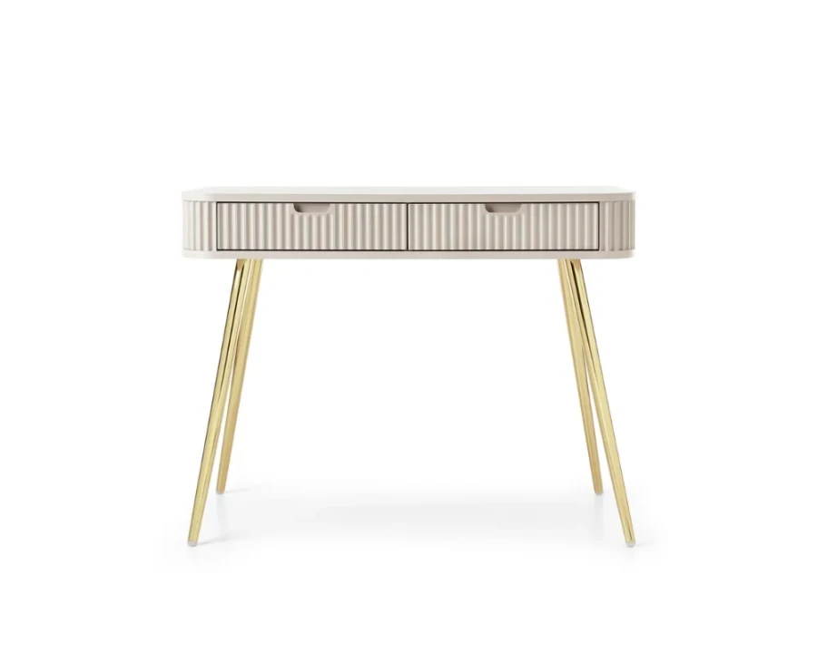 Moderner Konsolentisch in Beige mit goldenen Metallbeinen und geschlossenen, geriffelten Schubladen.