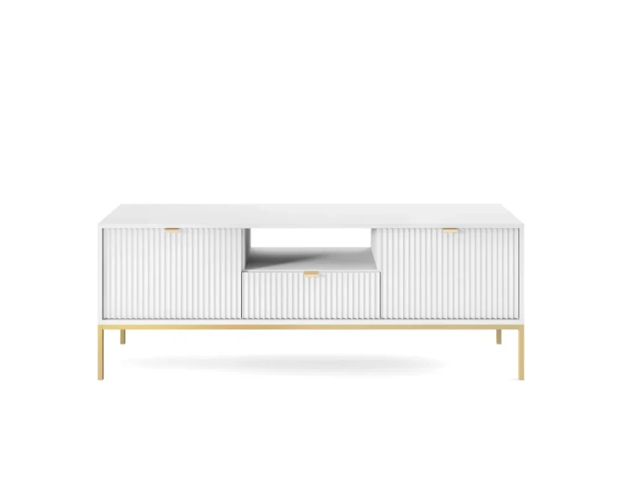 Frontansicht eines weißen TV-Boards mit strukturierter Oberfläche und goldenem Gestell.