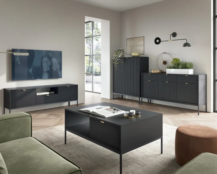 Modern eingerichtetes Wohnzimmer mit passenden schwarzen Designermöbeln.