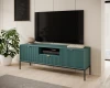 Petrolfarbenes TV-Lowboard mit vertikalen Rillen und eleganten schwarzen Metallbeinen.