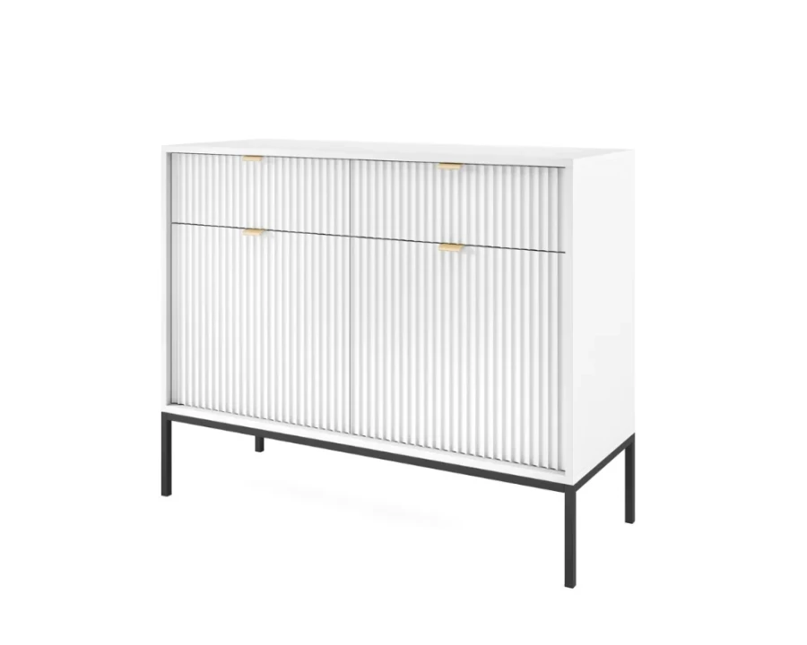 Perspektivische Ansicht eines weißen Sideboards mit moderner Rillenfront.