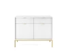 Weißes Sideboard mit Rillenmuster, goldenen Griffen und goldfarbenem Metallgestell.
