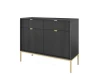 Schwarzes Sideboard mit dekorativer Rillenfront und edlem goldfarbenem Metallgestell.