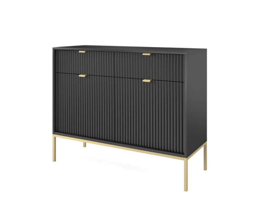Schwarzes Sideboard mit dekorativer Rillenfront und edlem goldfarbenem Metallgestell.
