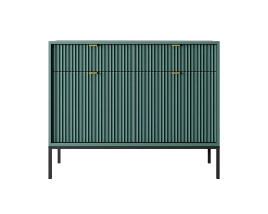 Dunkelgrünes Sideboard mit Riffel-Optik und schwarzen Metallbeinen.