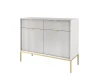 Elegantes weißes Sideboard mit geriffelter Front, goldenen Beinen und Griffen.