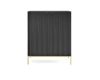 Frontalansicht eines schwarzen Design-Schranks mit Riffelfront und goldenen Beinen.